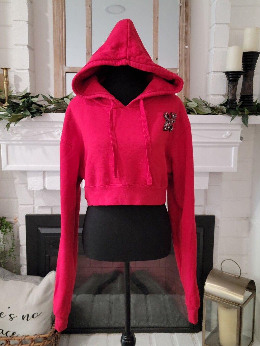 The Kooples Red Cropped Hoodie with Embellished Crest Size Small